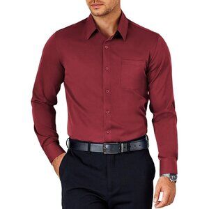 Wine Red Men Short Sleeve Button Down Untucked Dress Wrinkle Free Shirt